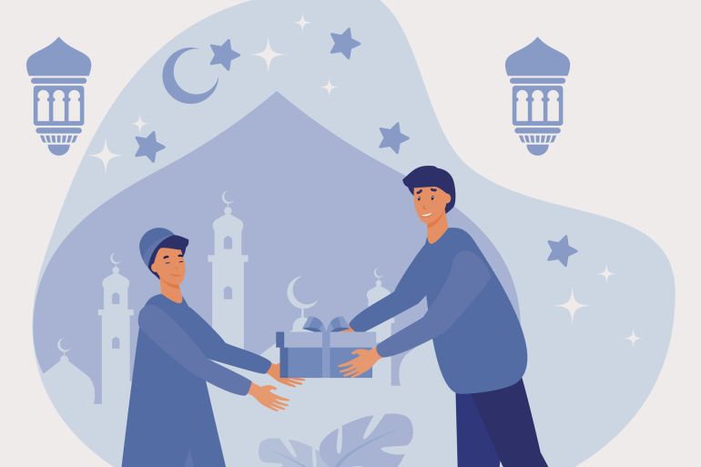 A man giving sadaqa , ramadhan kareem activity with mosque and hanging lantern background, flat vector modern illustration - stock illustration