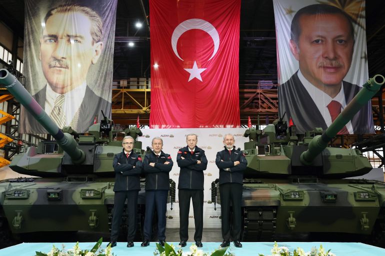 SAKARYA, TURKIYE - APRIL 23: (----EDITORIAL USE ONLY - MANDATORY CREDIT - 'TURKISH PRESIDENCY / MURAT CETINMUHURDAR / HANDOUT' - NO MARKETING NO ADVERTISING CAMPAIGNS - DISTRIBUTED AS A SERVICE TO CLIENTS----) Turkish President Recep Tayyip Erdogan attends the Delivery ceremony of New Altay Tank to the Turkish Armed Forces for tests in Arifiye district of Sakarya, Turkiye on April 23, 2023. ( TUR Presidency/Murat Cetinmuhurdar - Anadolu Agency )