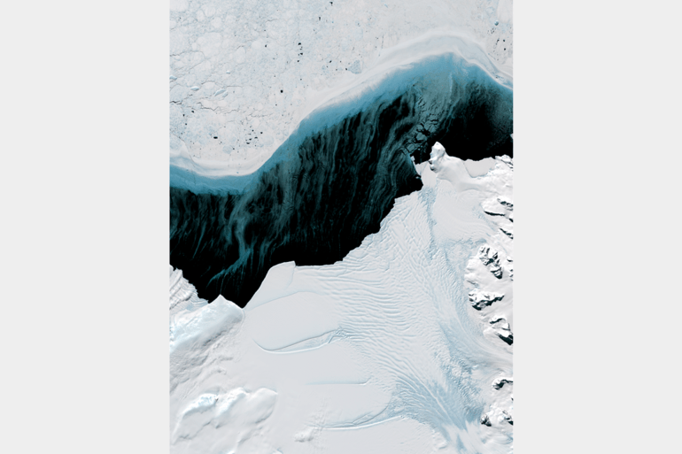 Landsat 8 image depicting the highly dynamic SCAR Inlet Ice Shelf, Antarctic Peninsula, and sea ice production offshore. ©NASA/USGS, processed by Dr. Frazer Christie, Scott Polar Research Institute, University of Cambridge