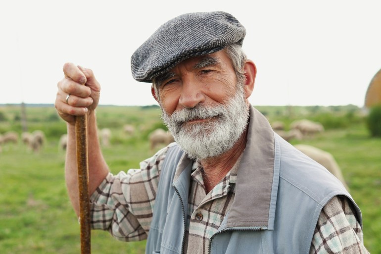 Portrait of Caucasian senior handsome man shepherd in hat standing outdoor, leaning on stick, looking at side and turning to camera. Old male farmer at his land. Dolly shot. Close up.; Shutterstock ID 1795932946; purchase_order: aljazeera ; job: ; client: ; other: