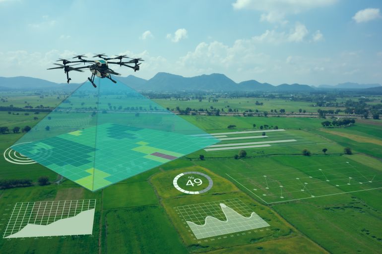 Smart farm, precision farming concept. Use drone for various fields like research analysis, terrain scan ...
