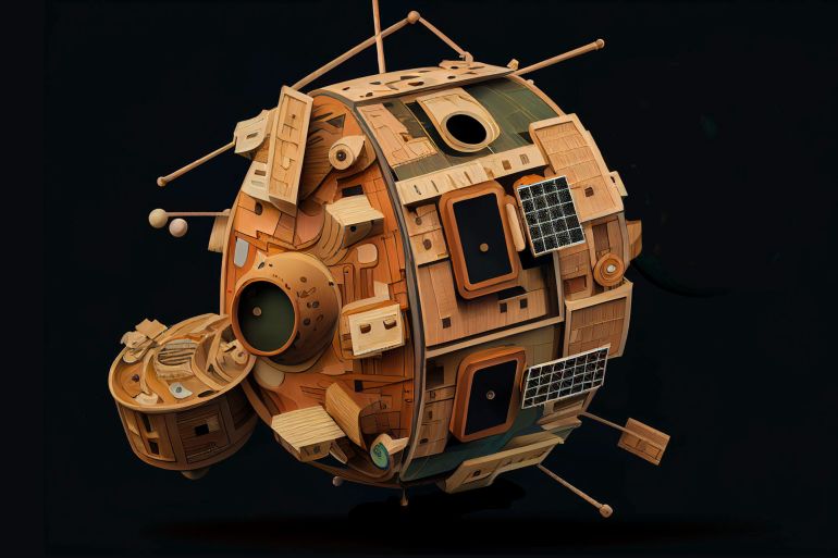 Illustration of a wooden satellite الجزيرة / ميدجيرني