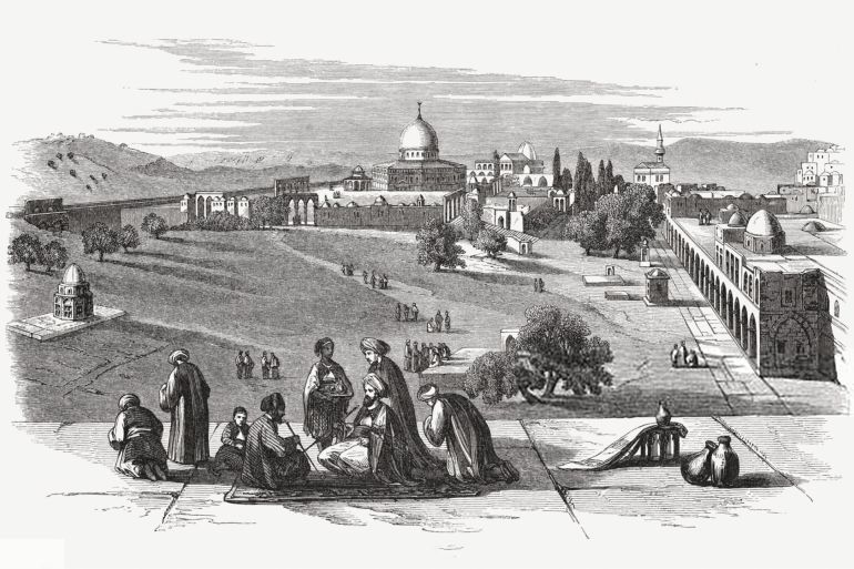 Historical view of the Temple Mount in Jerusalem, Israel. Wood engraving, published in 1891.