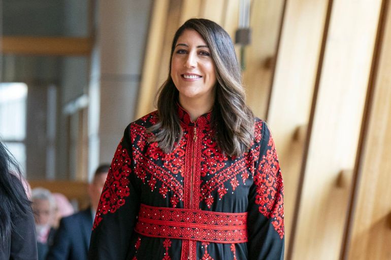 Nadia El-Nakla, wife of Humza Yousaf, arrives at the main chamber for the vote for the new First Minister at the Scottish Parliament in Edinburgh. Picture date: Tuesday March 28, 2023. (Photo by Jane Barlow/PA Images via Getty Images)
