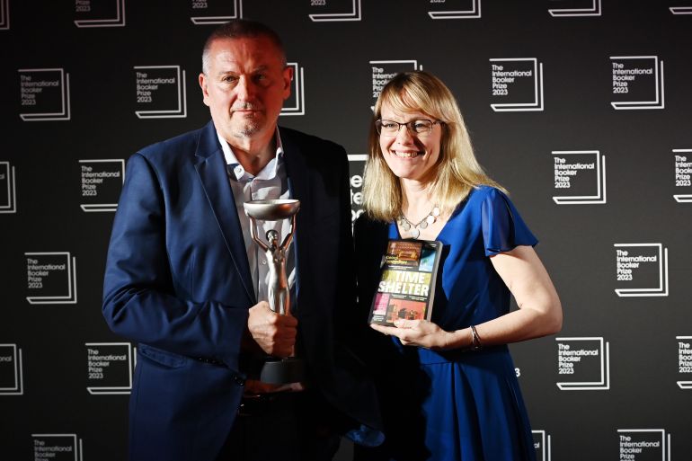 LONDON, ENGLAND - MAY 23: Author Georgi Gospodinov (L, along with translator Angela Rodel, is announced as the winner of The International Booker Prize 2023 at Sky Garden on May 23, 2023 in London, England. (Photo by Kate Green/Anadolu Agency via Getty Images)