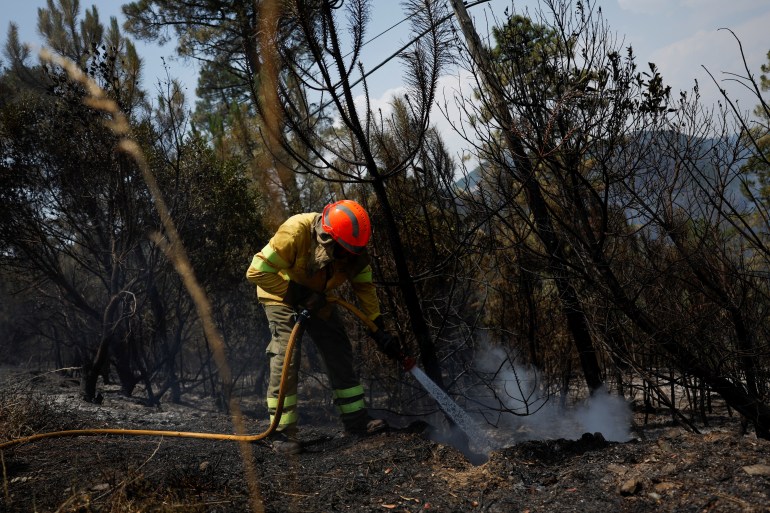 Firefighters from Extremadura contain a wildfire during the second heatwave of the year in the vicinity of Riomalo de Arriba