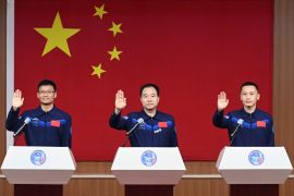 Astronauts of Shenzhou-16 spaceflight mission at Jiuquan Satellite Launch Center