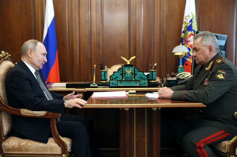 Russian President Vladimir Putin attends a meeting with Defence Minister Sergei Shoigu in Moscow, Russia, April 17, 2023. Sputnik/Gavriil Grigorov/Kremlin via REUTERS ATTENTION EDITORS - THIS IMAGE WAS PROVIDED BY A THIRD PARTY.