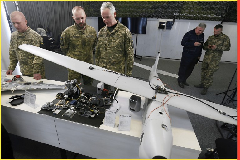 Parts of UAV (unmanned aerial vehicles): Orlan-10, Granat-3 , Shahed-136, Eleron-3-SV, used by the Russia against Ukraine, are seen during a media briefing of the Security and Defense Forces of Ukraine in Kyiv, Ukraine on 15 December 2022, amid Russian invasion of Ukraine. Security and Defense Forces of Ukraine representatives held a media briefing about situation on the Russian-Ukrainian war and the security situation in Ukraine. (Photo by STR/NurPhoto via Getty Images)