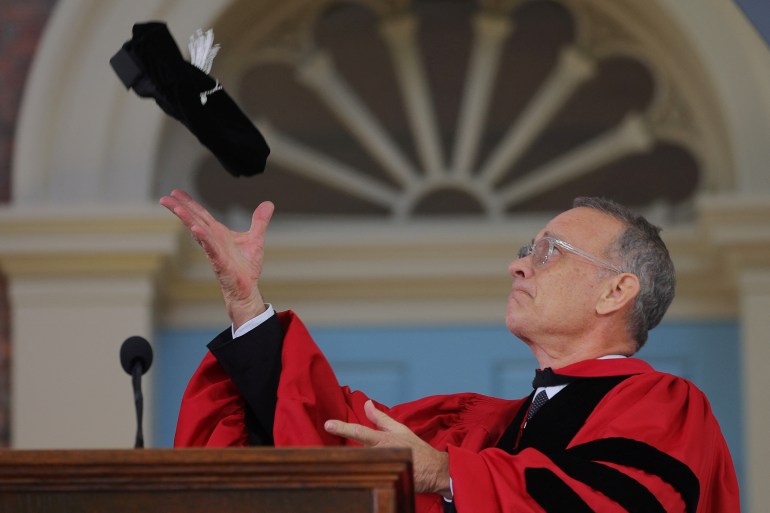 Honorary degree recipient actor Tom Hanks tosses his cap after delivering the Commencement Address during Harvard University’s 372nd Commencement Exercises in Cambridge, Massachusetts, U.S., May 25, 2023. REUTERS/Brian Snyder