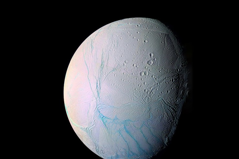 Photograph showing the cracks in Saturns moon, Enceladus, taken by the Cassini spacecraft. Dated 2005. (Photo by: Universal History Archive/Universal Images Group via Getty Images)