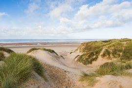 Winter sunlight lights up the marram grass and sand dunes which look down on Formby beach between Liverpool and Southport.; Shutterstock ID 2228385143; purchase_order: aljazeera ; job: ; client: ; other:
