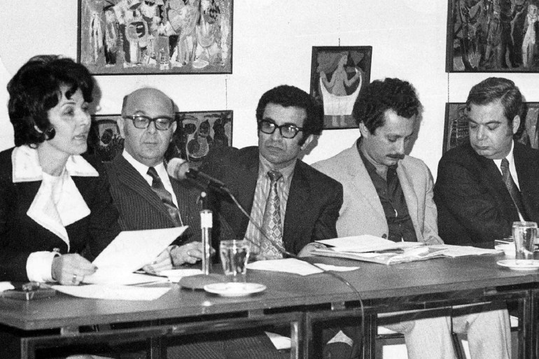 Picture taken at Dar al-Fan gallery in Beirut in 1971 shows from L to R: Lebanese novelist Emily Nasrallah, Beirut's Pen Club president, writer and researcher Jamil Jabre, novelist Halim Barakat, the late Palestinian author Ghassan Kanafani and Lebanese novelist Yussef Habshi al-Ashqar. From the early 1950s up to the break out of the 1975 civil war, Beirut was considered the cultural capital of the Arab world where countless intellectuals from nearby countries sought refuge and expressed their thoughts freely in a pluralistic ambiance due to political restrictions in their countries. (Photo by AFP)