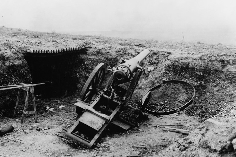 A single cannon sits in an abandoned trench at a Second Balkan War battlefield. The First Balkan War broke out in 1912, after Bulgaria, in alliance with Serbia and Greece, attacked Turkey to reclaim territory taken by the Congress of Berlin. The following year the Second Balkan War began when Serbia and Greece attacked Bulgaria, after they were unable to settle on the reclaimed territories. (Photo by © Hulton-Deutsch Collection/CORBIS/Corbis via Getty Images)