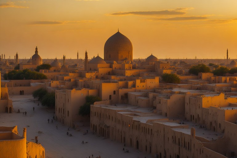 A tranquil view of Bukhara city, with its ancient buildings and winding streets bathed in the golden light of the setting sun (photo by www.leonardo.ai)