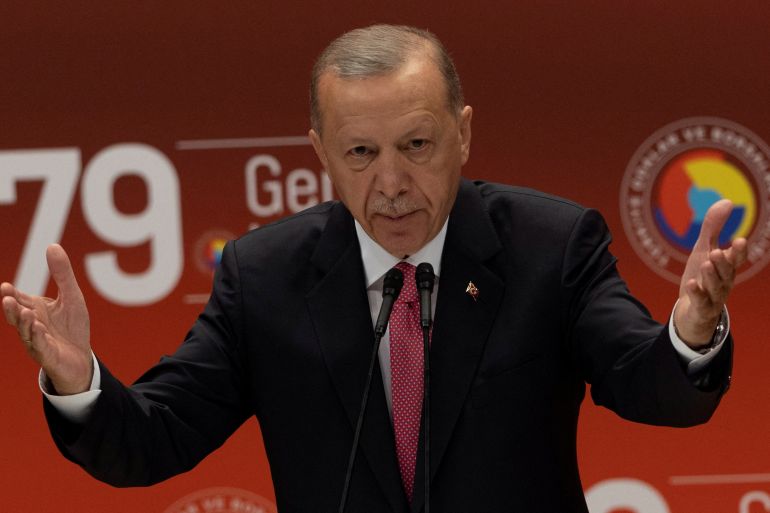 FILE PHOTO: Turkish President Tayyip Erdogan addresses the audience in Ankara