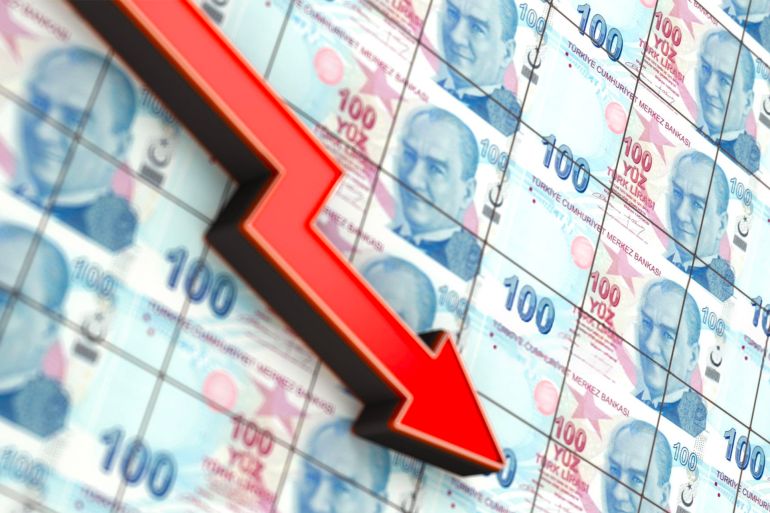 Turkish Lira Down Trend Concept with Red Arrow