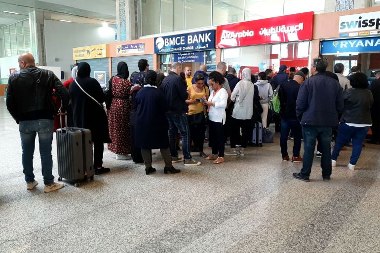 MOROCCO-HEALTH-AVIATION Passengers wait for their flight at the Tangier Ibn Battuta Airport on March 14, 2020, in northern Morocco. (Photo by - / AFP) (Photo by -/AFP via Getty Images) gettyimages-1207141428