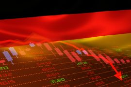 3D rendering of Germany economic downturn with stock exchange market showing stock chart down and in red negative territory. Business and financial money market crisis concept. Illustration.
