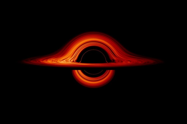 This visualization of a black hole illustrates how its gravity distorts our view, warping its surroundings as if seen in a carnival mirror. The visualization simulates the appearance of a black hole where infalling matter has collected into a thin, hot structure called an accretion disk. The black hole’s extreme gravity skews light emitted by different regions of the disk, producing the misshapen appearance. Credit: NASA's Goddard Space Flight Center/Jeremy Schnittman