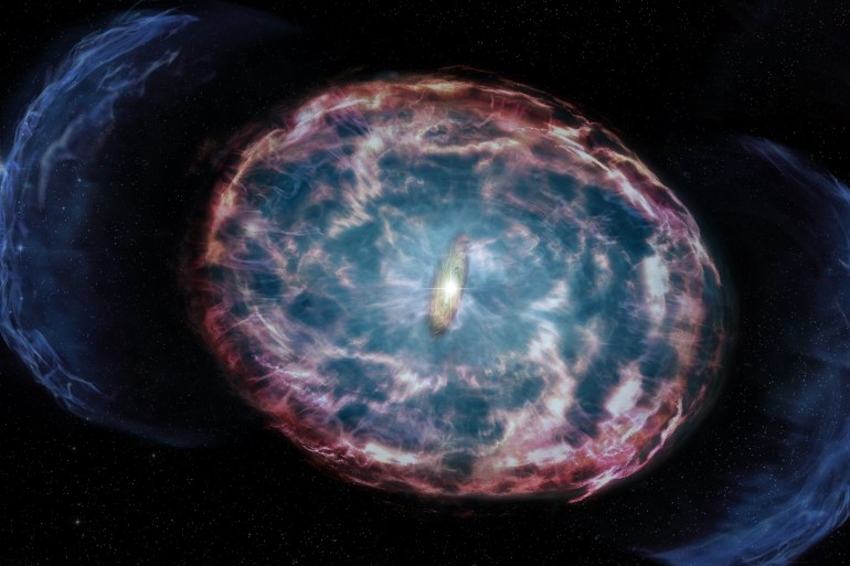 An artist’s conception illustrates the aftermath of a "kilonova," a powerful event that happens when two neutron stars merge. As described in our press release, NASA’s Chandra X-ray Observatory has been collecting data on the kilonova associated with GW170817 since shortly after it was first detected in gravitational waves by the Laser Interferometry Gravitational-wave Observatory (LIGO) and Virgo on August 17, 2017. Credit: NASA