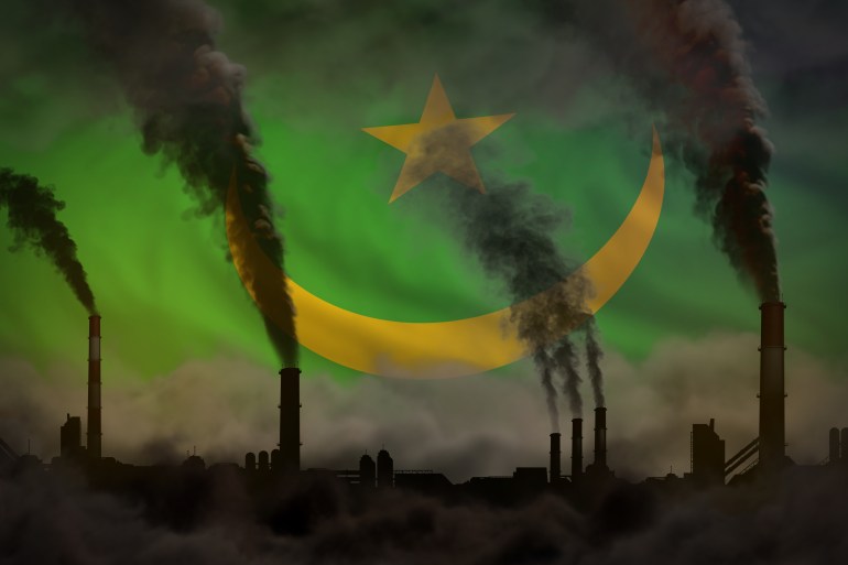 dense smoke of plant pipes on Mauritania flag - global warming concept, background with place for your logo - industrial 3D illustration