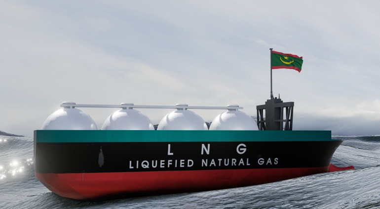 Liquefied natural gas Mauritania, Mauritania gas reserve, LNG storage reservoir, Natural gas tank Mauritania with flag Mauritania, sanction on gas, 3D work and 3D image