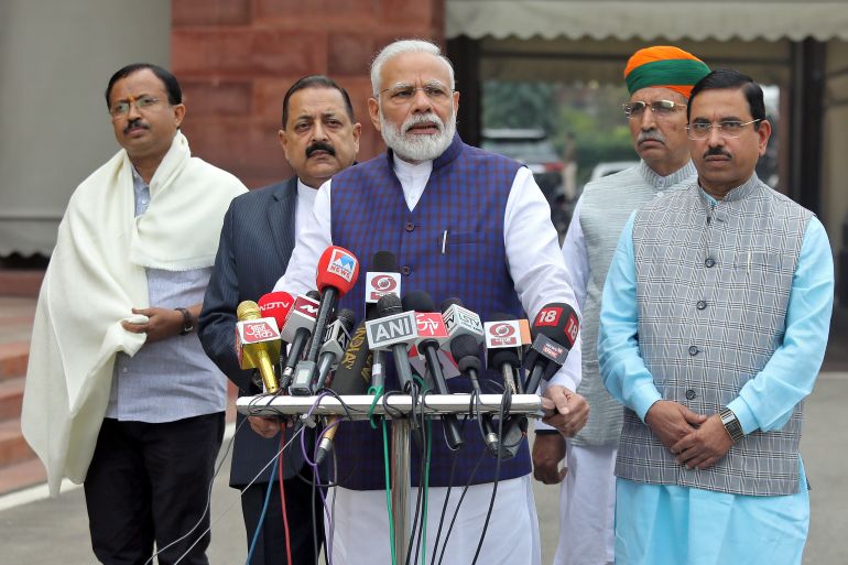 India's Prime Minister Narendra Modi speaks to the media inside the parliament premises on the first day of the winter session in New Delhi, India, November 18, 2019. REUTERS/Altaf Hussain