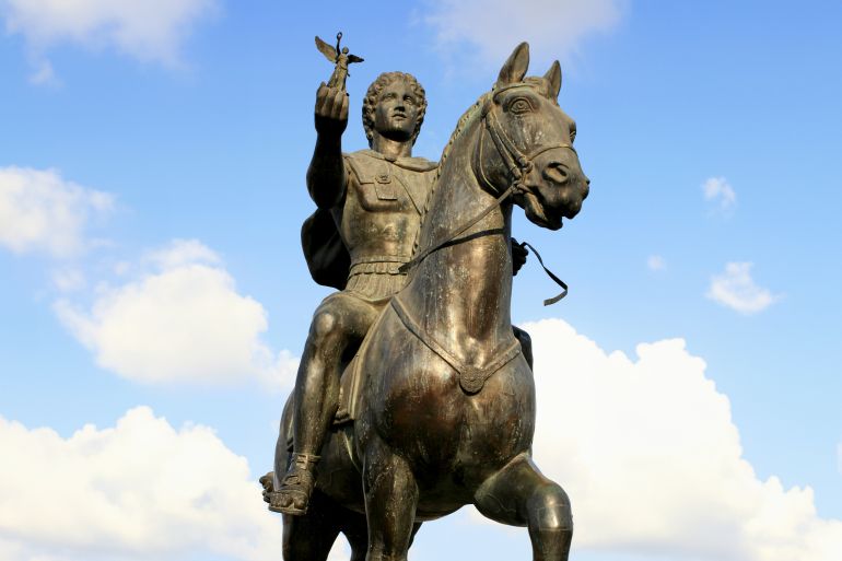 Alexander the Great, King, Emperor, Greek Culture, Horseback Riding, Statue, Monument, Memorial, Animal Representation, Day, Art And Craft, Egyptian Culture, Outdoors, Travel Destinations, Horse, Male Likeness, Low Angle View, No People