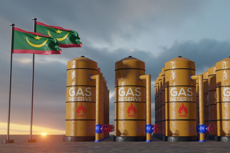 Mauritania gas reserve, Mauritania Gas storage reservoir, Natural gas tank Mauritania with flag Mauritania, sanction on gas, 3D work and 3D image; Shutterstock ID 2200629321; purchase_order: ajnet; job: ; client: ; other: