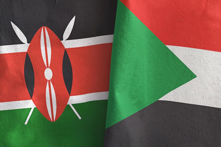 Sudan and Kenya two folded flags together 3D rendering; Shutterstock ID 1864555153; purchase_order: multimedia; job: ; client: ; other: