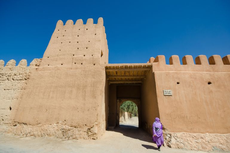 Fortified walls of the town of Tiznit, Morocco at Bab Targa gate