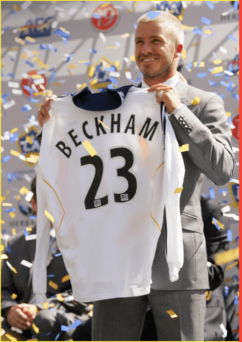 CARSON, CA - JULY 13: David Beckham poses with his new Galaxy jersey at the Home Depot Stadium where he was officially announced as a LA Galaxy Player at the Home Depot Stadium on July 13,2007 in Carson, California.(Photo by Stephen Dunn/Getty Images)