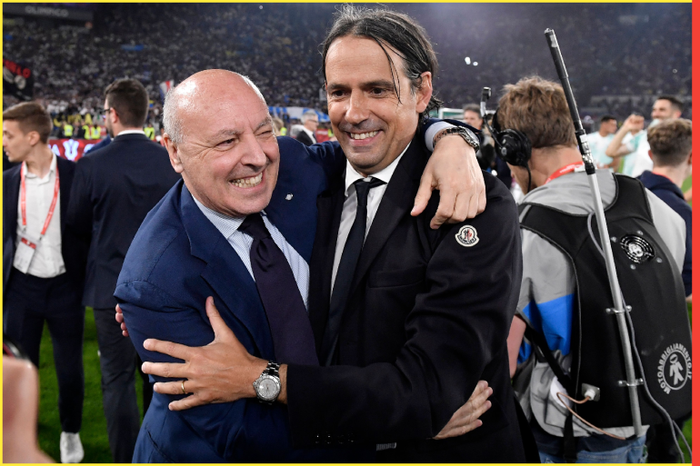 Giuseppe Marotta, chief executive officer and Simone Inzaghi head coach of FC Internazionale celebrate the victory at the end of the Italy Cup final football match between ACF Fiorentina and FC Internazionale at Olimpico stadium in Rome (Italy), May 24th, 2023.