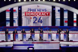 Six of the eight Republican presidential contenders on the debate stage indicate that they would support Donald Trump as their party's 2024 White House nominee even if he is convicted of a crime at the first Republican candidates' debate of the 2024 U.S. presidential campaign in Milwaukee, Wisconsin, U.S. August 23, 2023. REUTERS/Brian Snyder