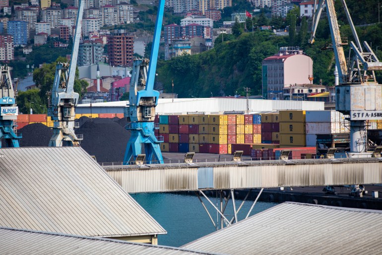 Containers on the cargo ship in Trabzon port. Trabzon, Turkey - July 20, 2023.