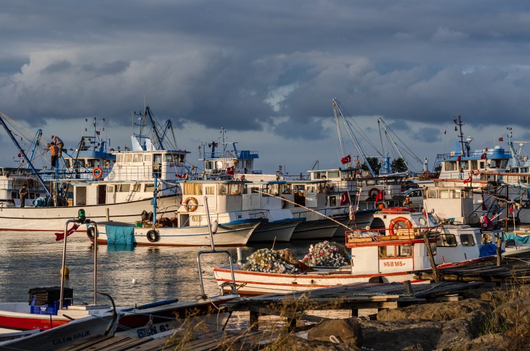 SAMSUN, TURKEY- 16 SEPTEMBER 2015 : Fishing boats at Derekoy fishing harbour, Black Sea Region, Samsun, Turkey