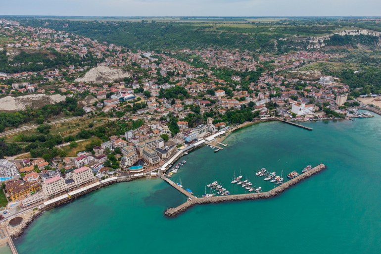 Aerial top view of The town of Balchik on the Black sea coast, Bulgaria.