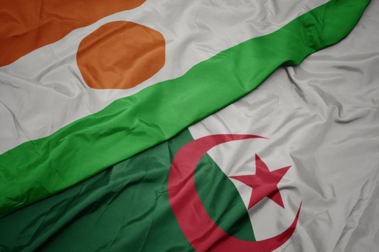 waving colorful flag of algeria and national flag of niger. macro