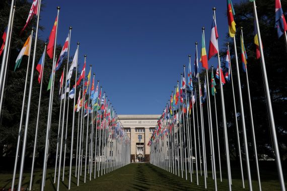 The flags alley is seen outside the United Nations building during the Human Rights Council in Geneva, Switzerland, February 27, 2023. REUTERS/Denis Balibouse