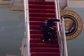 President Biden tripped twice before falling over a third time as he fell up the stairs of the idling aircraft. Reuters