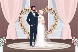 Muslim newlyweds flat color vector illustration. Bride and groom near luxury photozone. Floral arch wedding ...