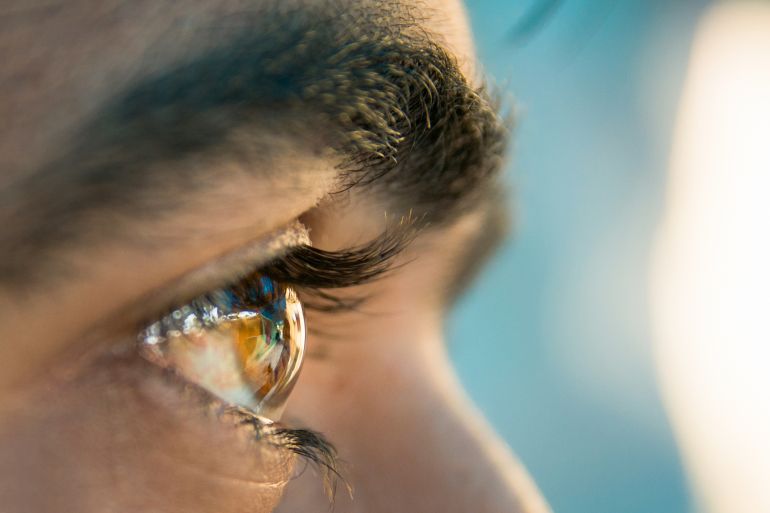 Closeup of a human eye A person looking at front with a eye closeup shot; Shutterstock ID 1484035373; purchase_order: aljazeera ; job: ; client: ; other:
