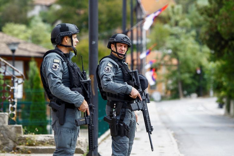 Kosovo police officers patrol, in the aftermath of a shooting incident, in Banjska village, Kosovo September 27, 2023. REUTERS/Ognen Teofilovski