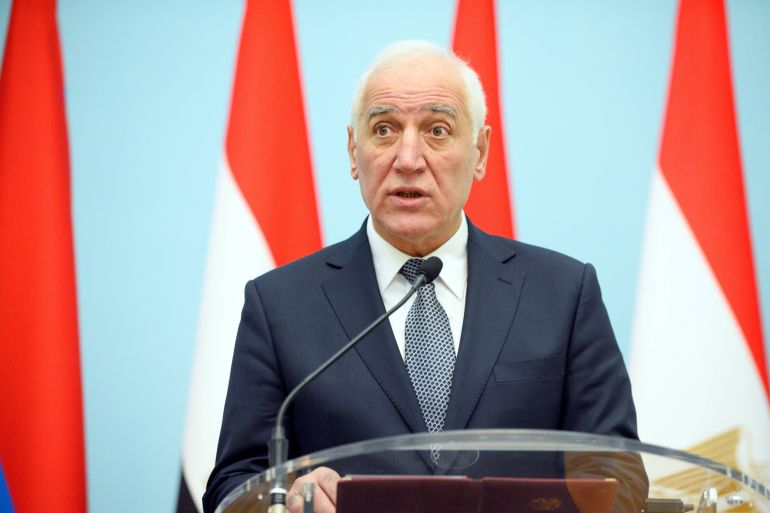 Armenia's President Vahagn Khachaturyan speaks during a press conference after his meeting with Egyptian President in Yerevan, on January 29, 2023. (Photo by KAREN MINASYAN / AFP)