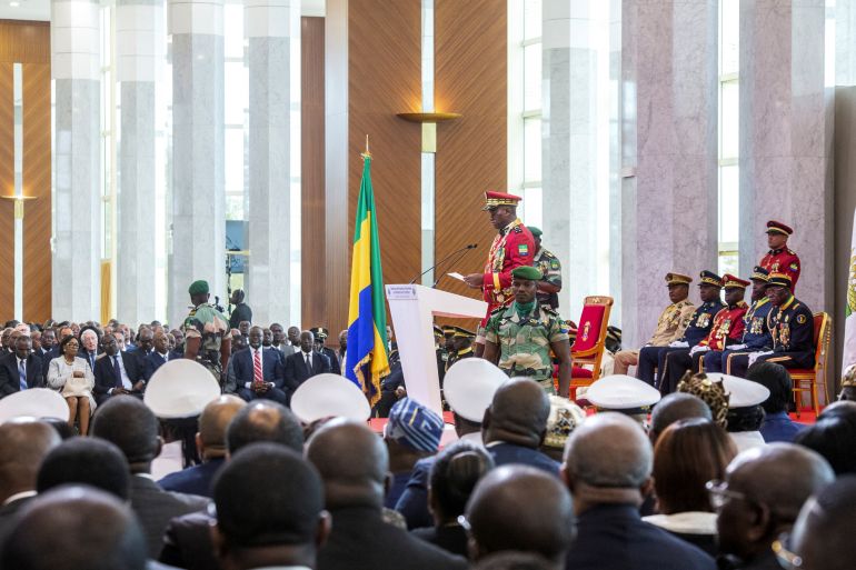 Gabon coup leader General Brice Oligui Nguema speaks after being sworn in as interim president during his swearing-in ceremony, in Libreville, Gabon, September 4, 2023. REUTERS/Stringer NO RESALES. NO ARCHIVES