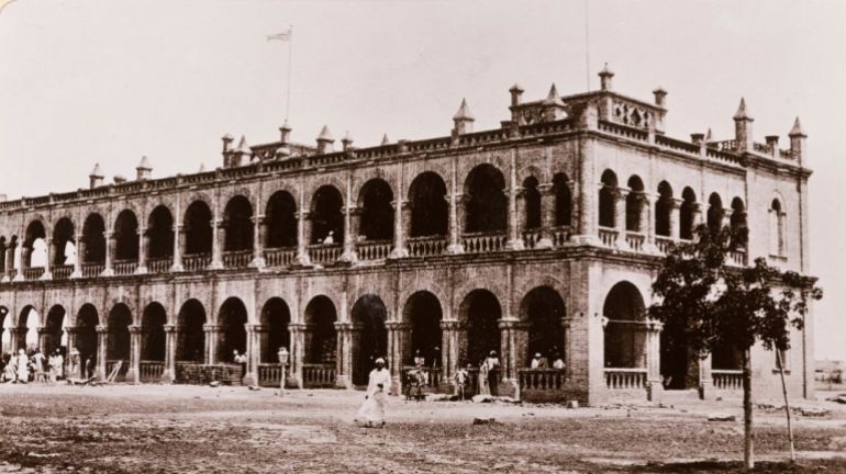 , Khartoum. Copyright 176'. View of Government House at Wad Madani, a long, two-storey building with an open arcade running the length of its fa�ade and pinnacles projecting from its parapet, [c.1906]. 2003/222/1/2/33. (Photo by: Bristol Archives/Universal Images Group via Getty Images)