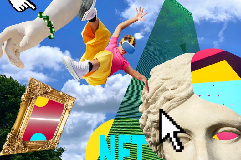 Collage containing symbols and images from the virtual world