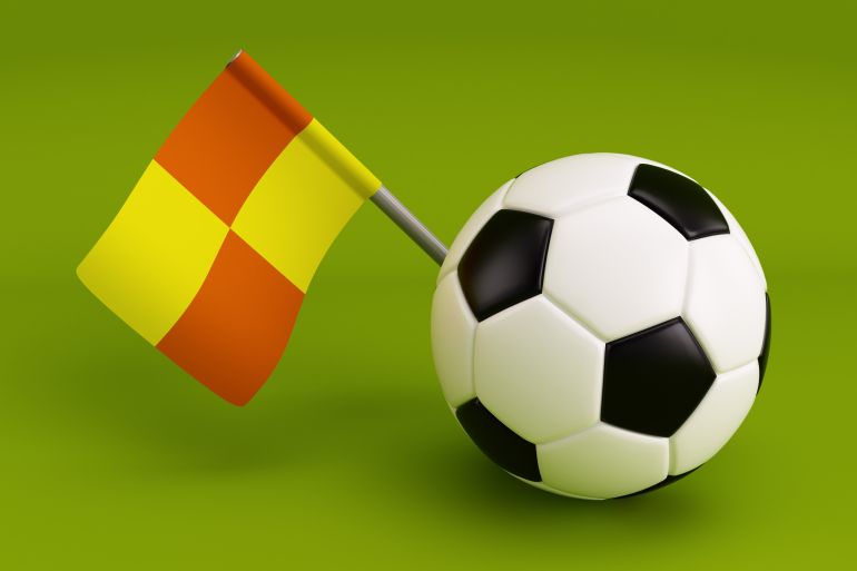 Soccer ball and referee flag 3d illustration on isolated green background
