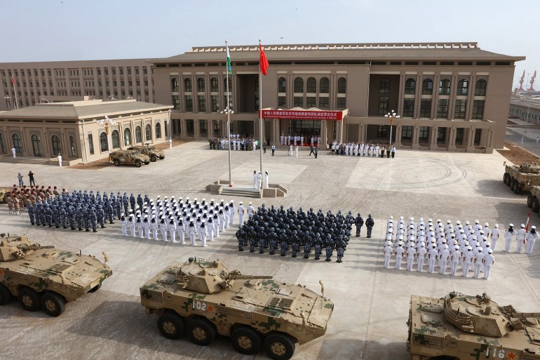 This photo taken on August 1, 2017 shows the opening ceremony of China's military base in Djibouti. China has deployed troops to its first overseas naval base in Djibouti, a major step forward for the country's expansion of its military presence abroad.